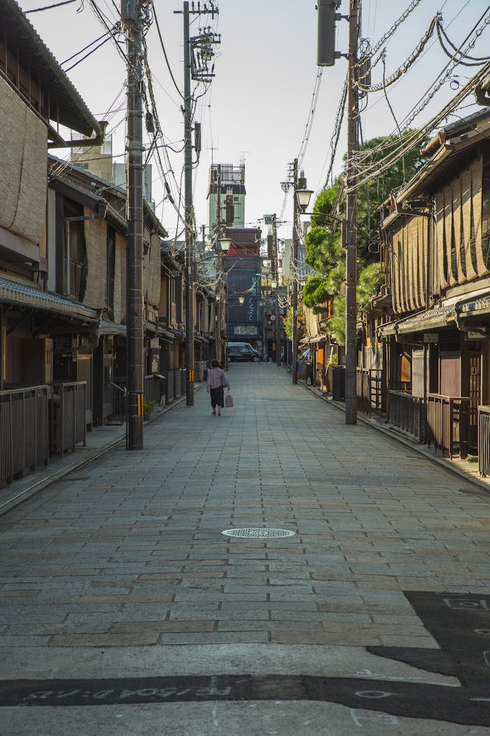 Back view distant unrecognizable woman strolling on paved walkway in old city district near typical small houses in Japan